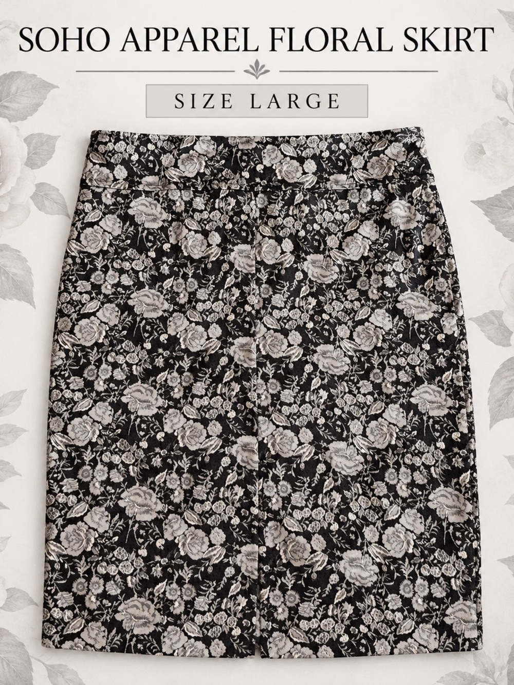 #0353 Soho Apparel Navy Blue and white/Ivory Floral Pencil Skirt Size Large